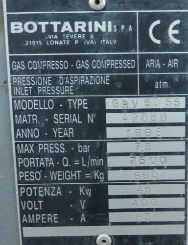 Compressore usato a vite Bottarini 45 Kw/7,5 bar - Plastin Gold